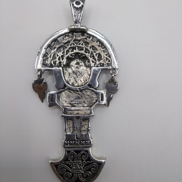 Peruvian necklace in 950 sterling silver with turquoise natural stone tumi desig - Picture 7 of 10